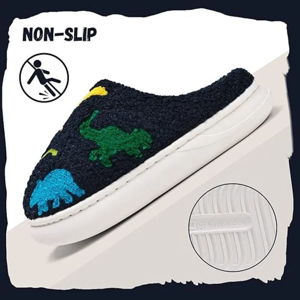 IceUnicorn Boys Size 5 Navy Blue Dinosaurs Warm Winter House Slippers Shoes